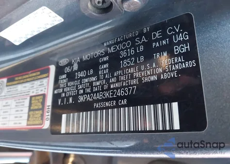 2019 Kia Rio S z USA, uszkodzony, nr VIN 3KPA24AB3KE246377